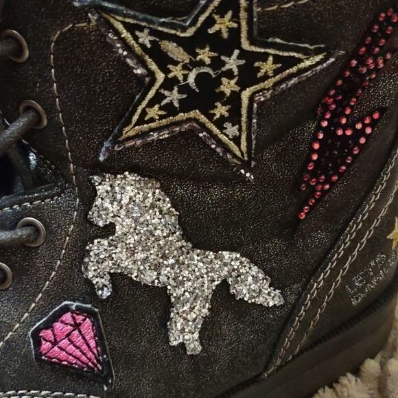 New Justice Black Gray Size 6 Boot zip tie‎ metallic unicorn star diamond - Picture 3 of 7